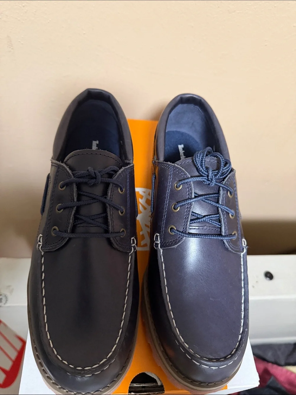 Timberland Navy Leather Lug-Soled Boat Shoes with Brown Outsole